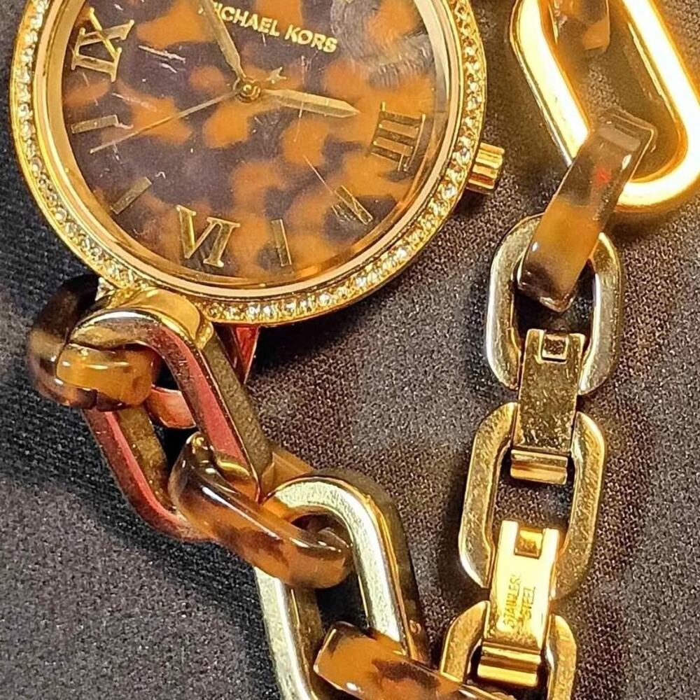 MICHAEL KORS DELANEY GOLD+ACRYLIC TORTOISE SHELL CHAIN LINK+CRYSTAL WATCH MK4281